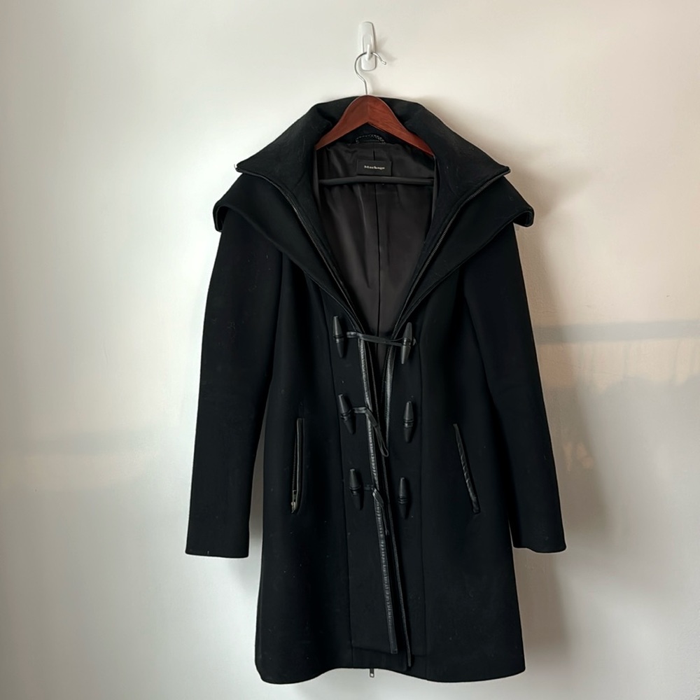 Black Mackage wool winter toggle coat with leather trim. Womens size small.